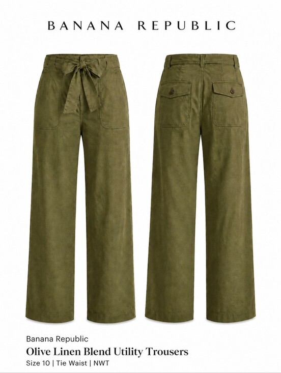 Banana Republic Pants - Banana Republic |Olive Linen Blend Utility Trousers |Size 10 |Tie Waist |NWT